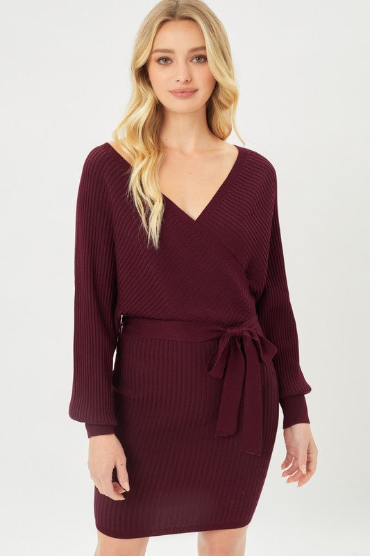 Moana Off Shoulder Wrap Belted Ribbed Knit Dress