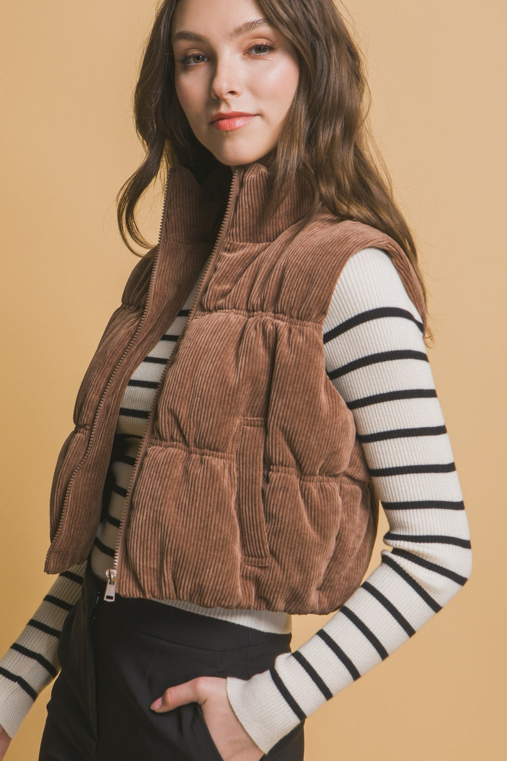 Tawny Corduroy Zip Up Puffer Vest with Pockets