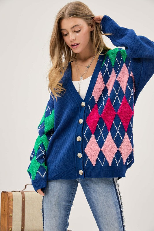 Mary Argyle Button Front Knit Cardigan