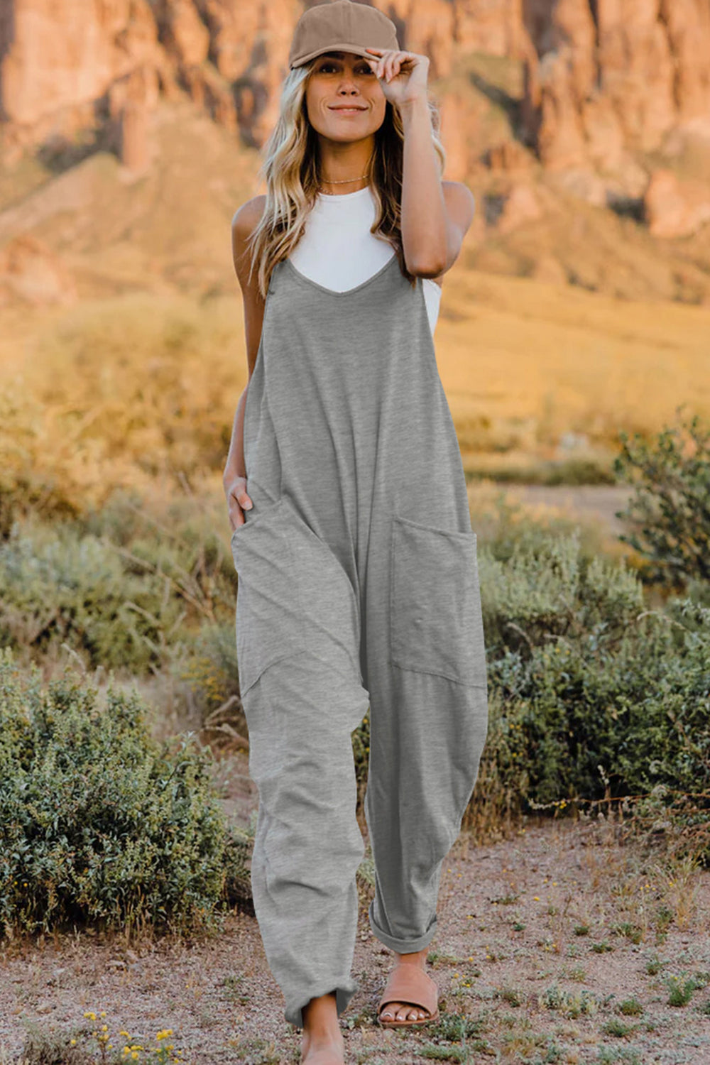 Twiggy Full Size V-Neck Sleeveless Jumpsuit with Pockets