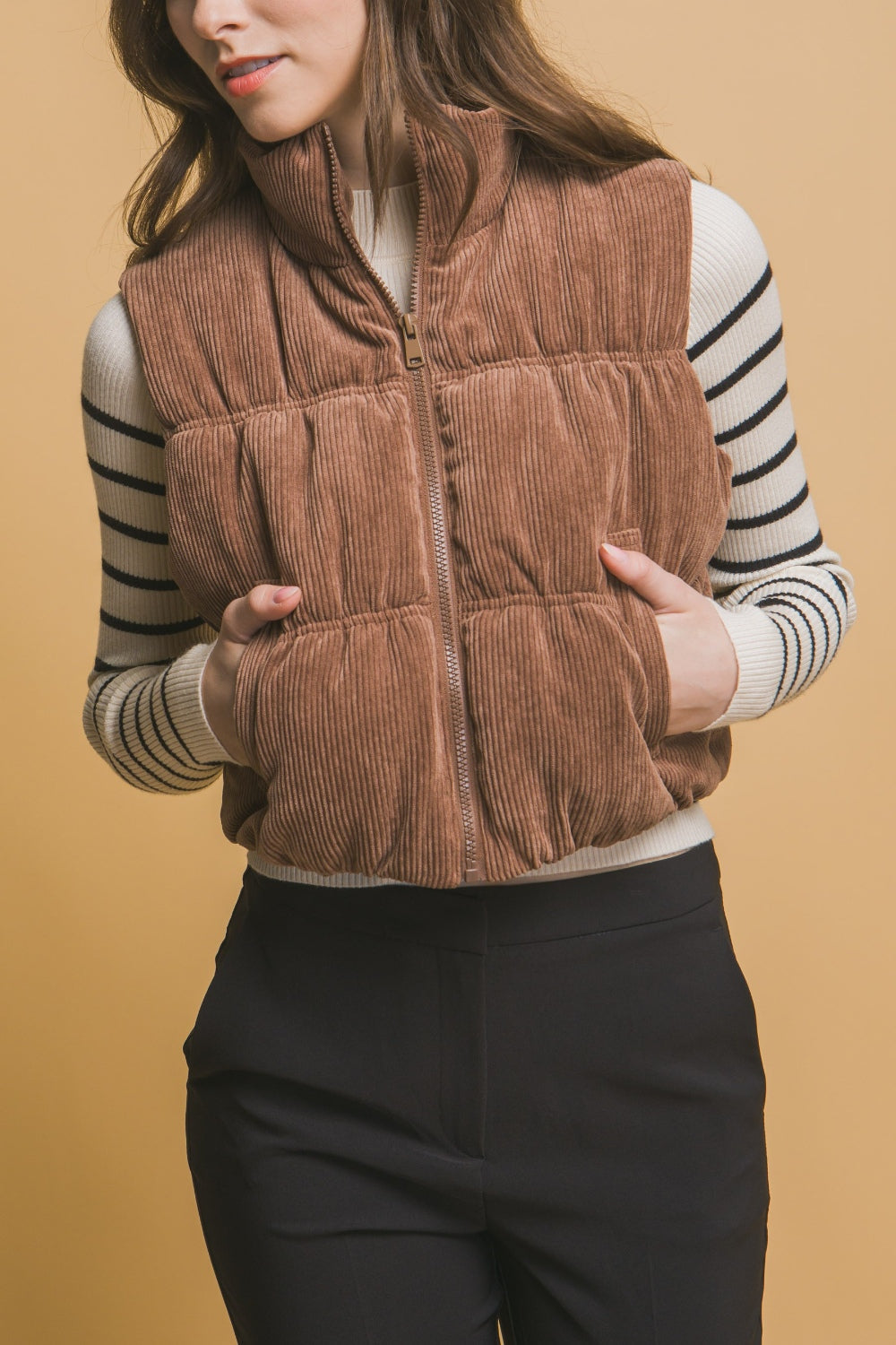 Tawny Corduroy Zip Up Puffer Vest with Pockets