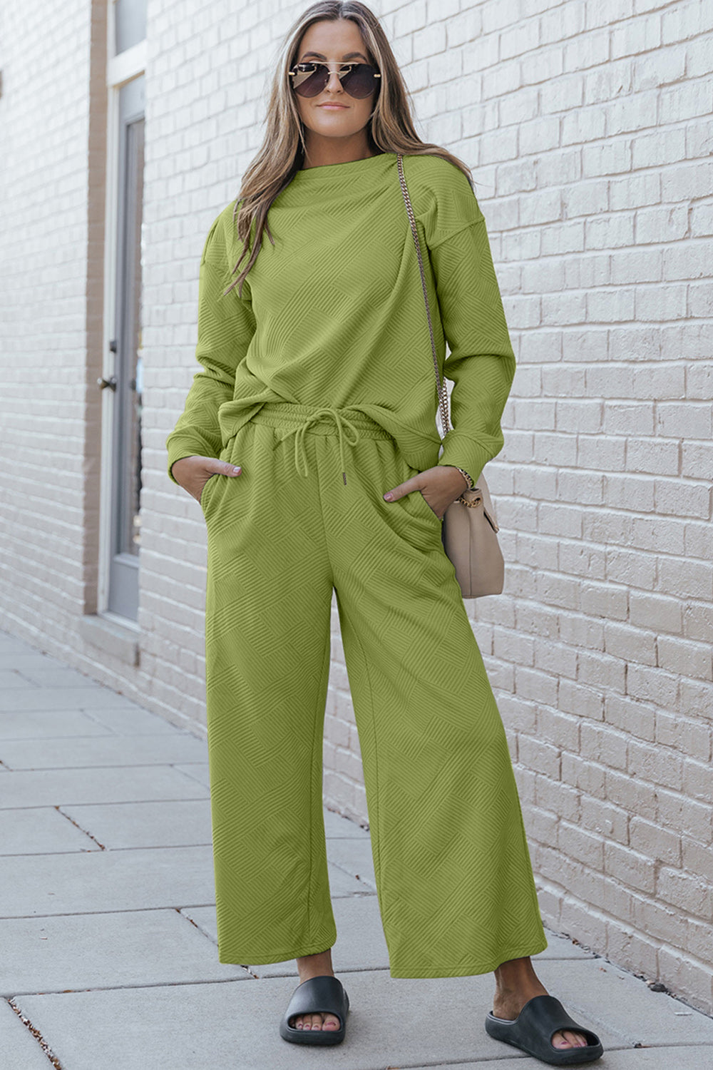 Fernley Textured Long Sleeve Top and Drawstring Pants Set