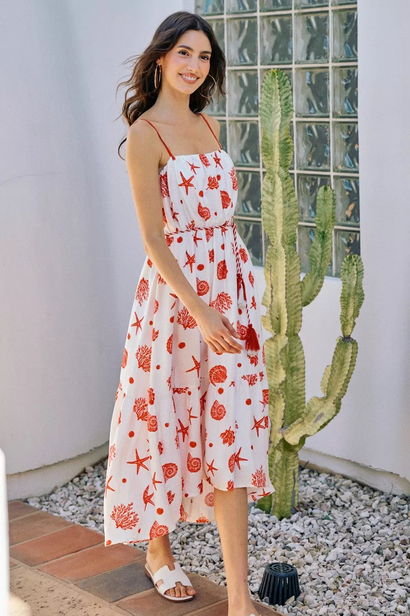 SO ME Shell Print Tiered Lined Midi Cami Dress With Belt – phoenixandflora