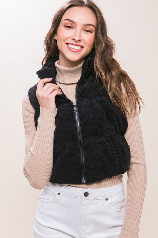 Tawny Corduroy Zip Up Puffer Vest with Pockets