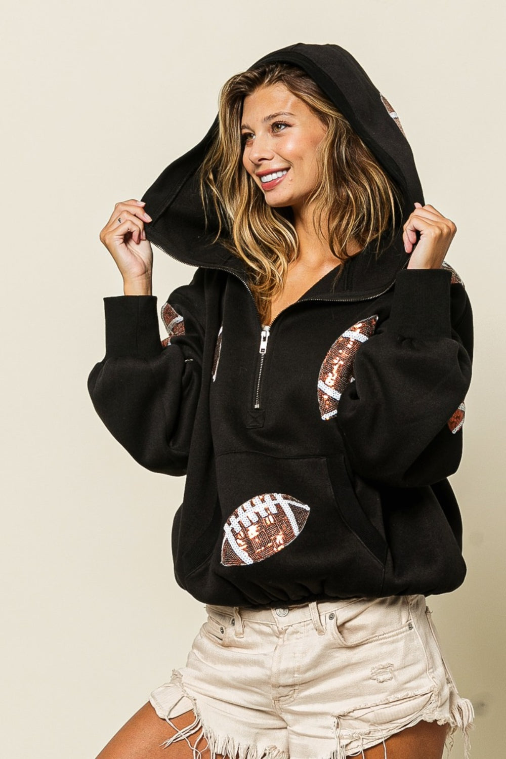 Taylor Sequin Football Half Zip Hoodie