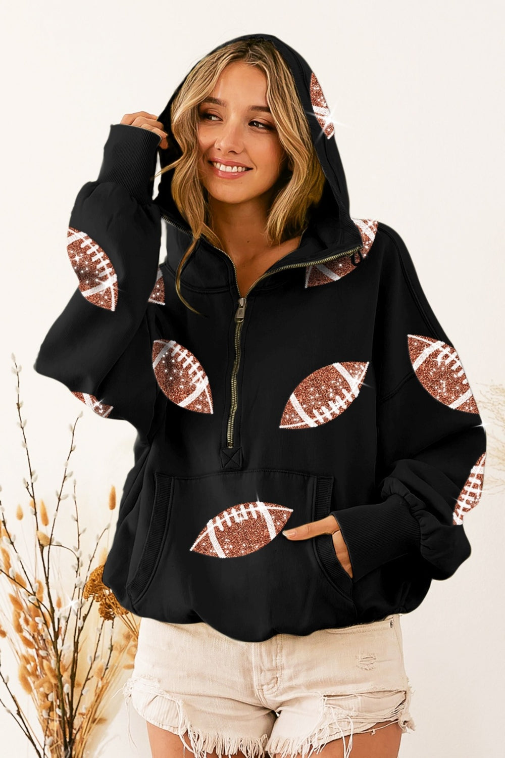 Taylor Sequin Football Half Zip Hoodie