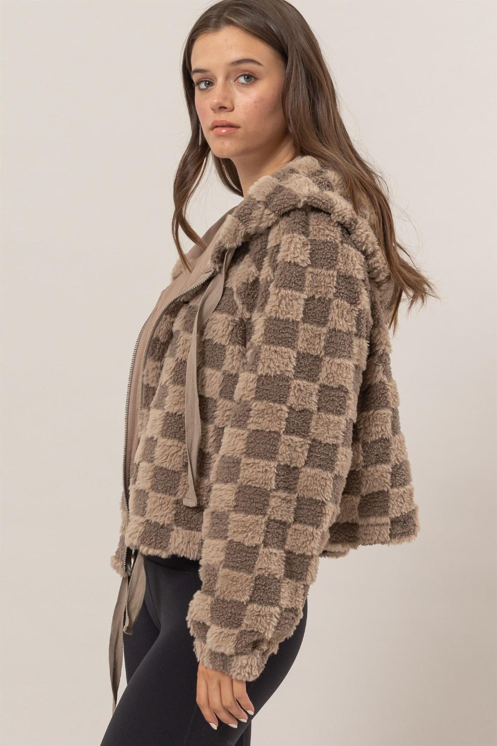 Glennon Zip Up Sherpa Checkered Hooded Jacket