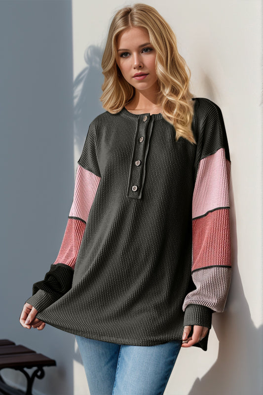 Collie Color Block Round Neck Long Sleeve T-Shirt