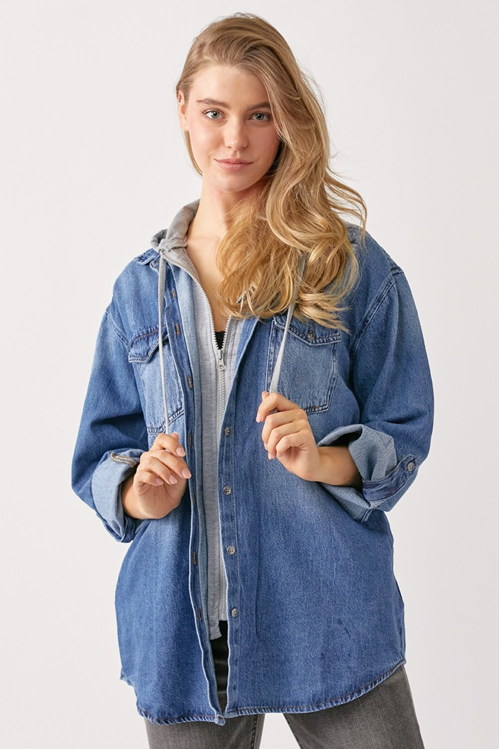 Chaol Zip Up Hooded Denim Shirt