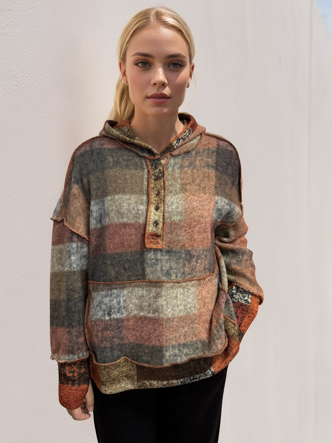 Ramie Plaid Dropped Shoulder Hoodie