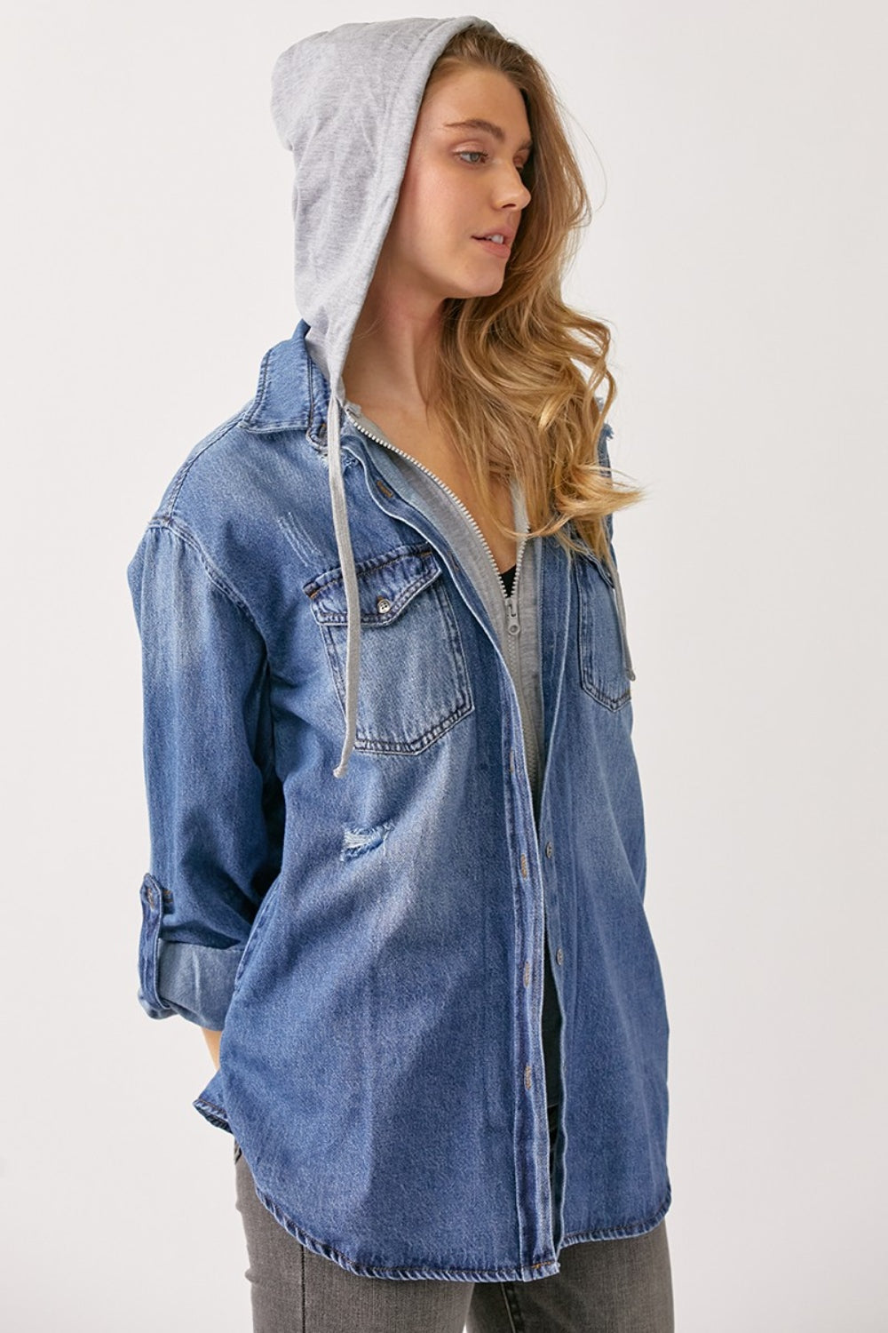 Chaol Zip Up Hooded Denim Shirt