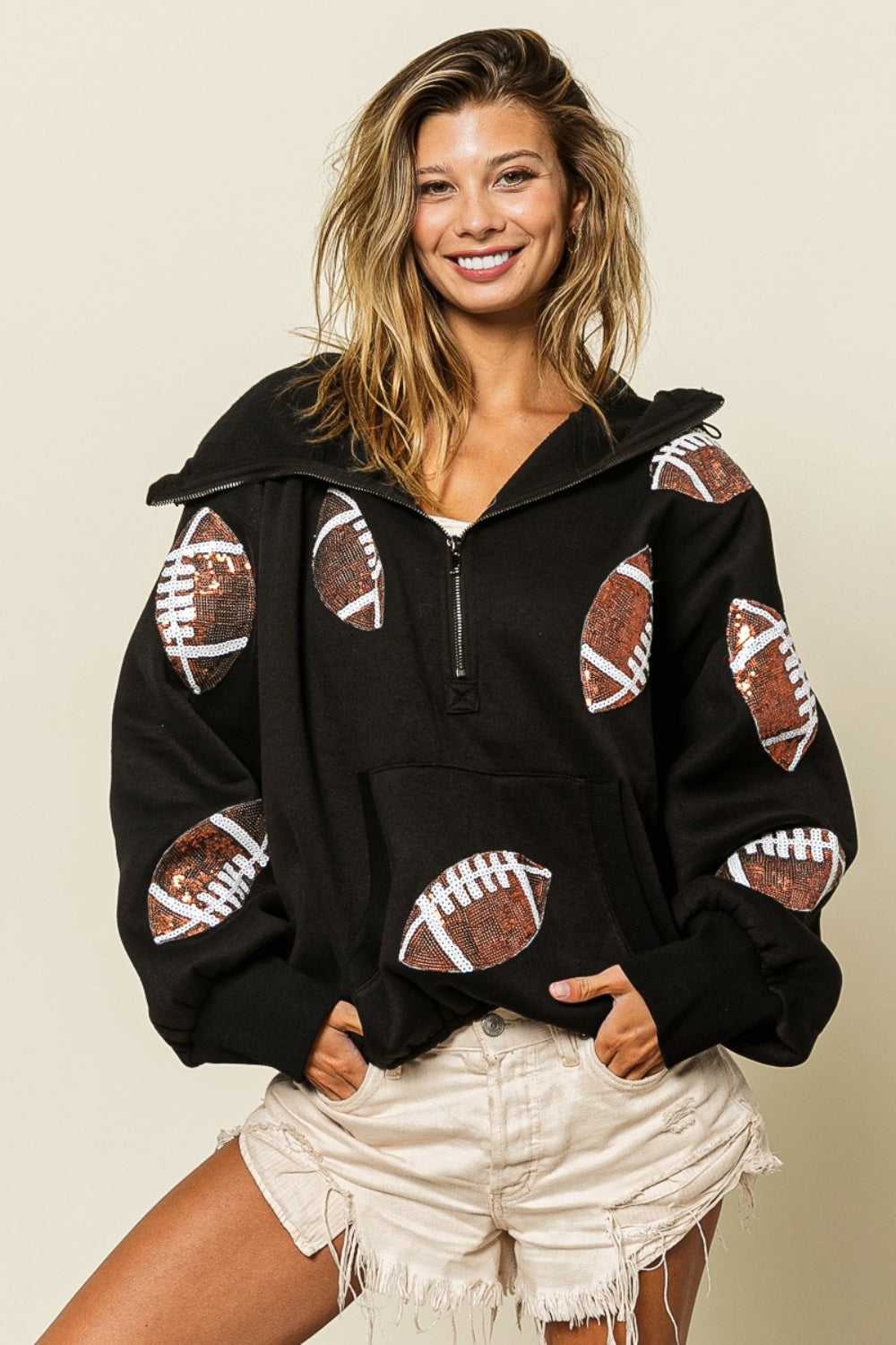 Taylor Sequin Football Half Zip Hoodie