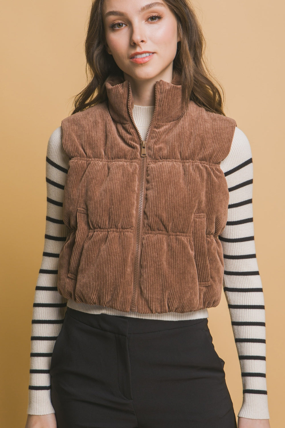 Tawny Corduroy Zip Up Puffer Vest with Pockets