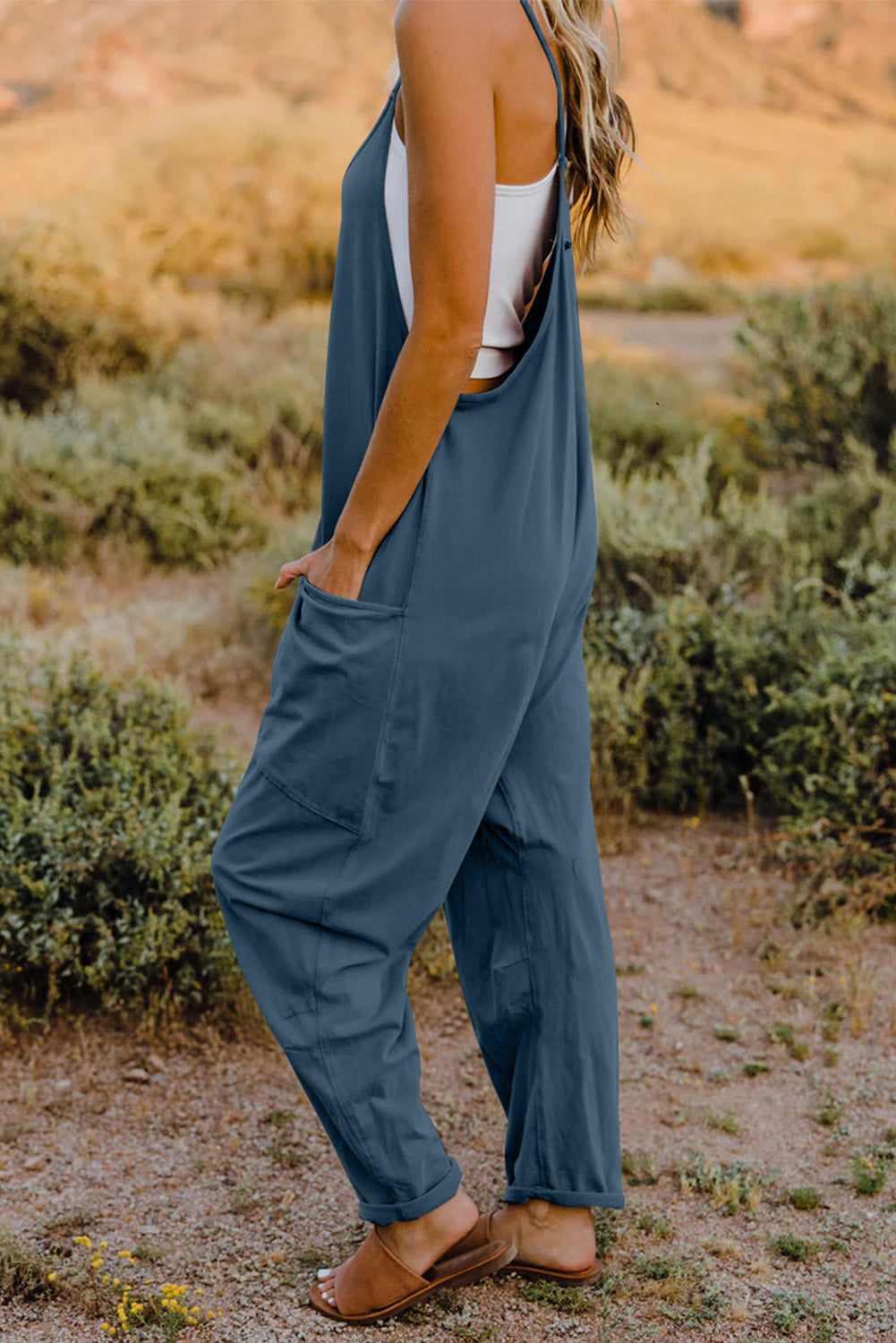 Twiggy Full Size V-Neck Sleeveless Jumpsuit with Pockets