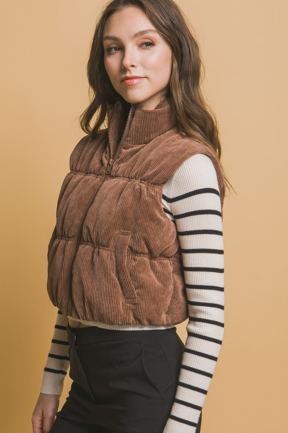 Tawny Corduroy Zip Up Puffer Vest with Pockets