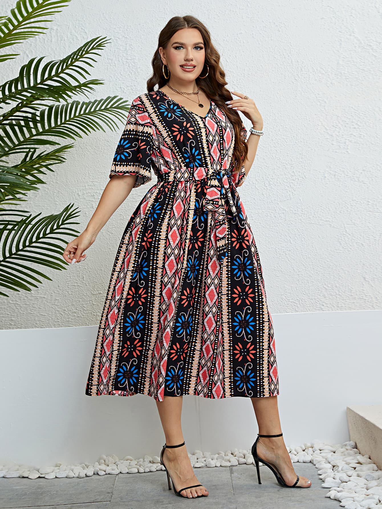 Wiley Size Bohemian V-Neck Tie Belt Midi Dress