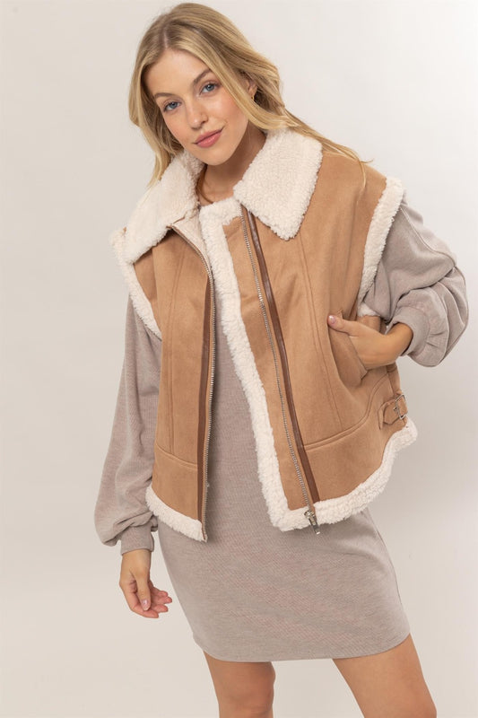 Stevi Fur-Contrast Zip Up Suede Vest