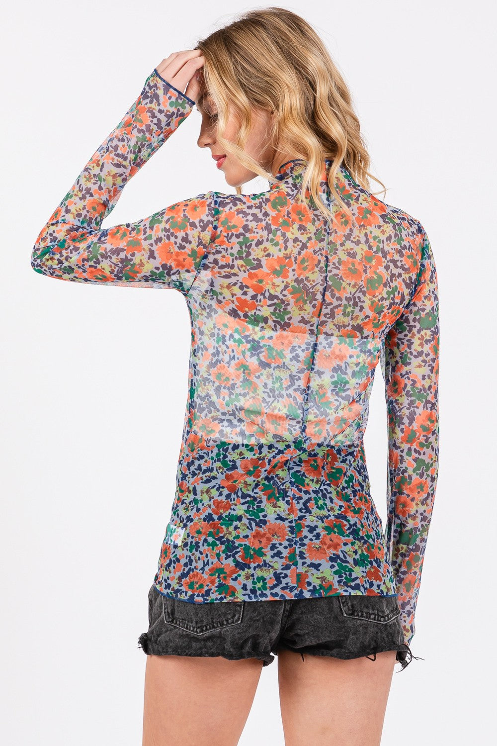 Sage Floral Mesh Long Sleeve Top