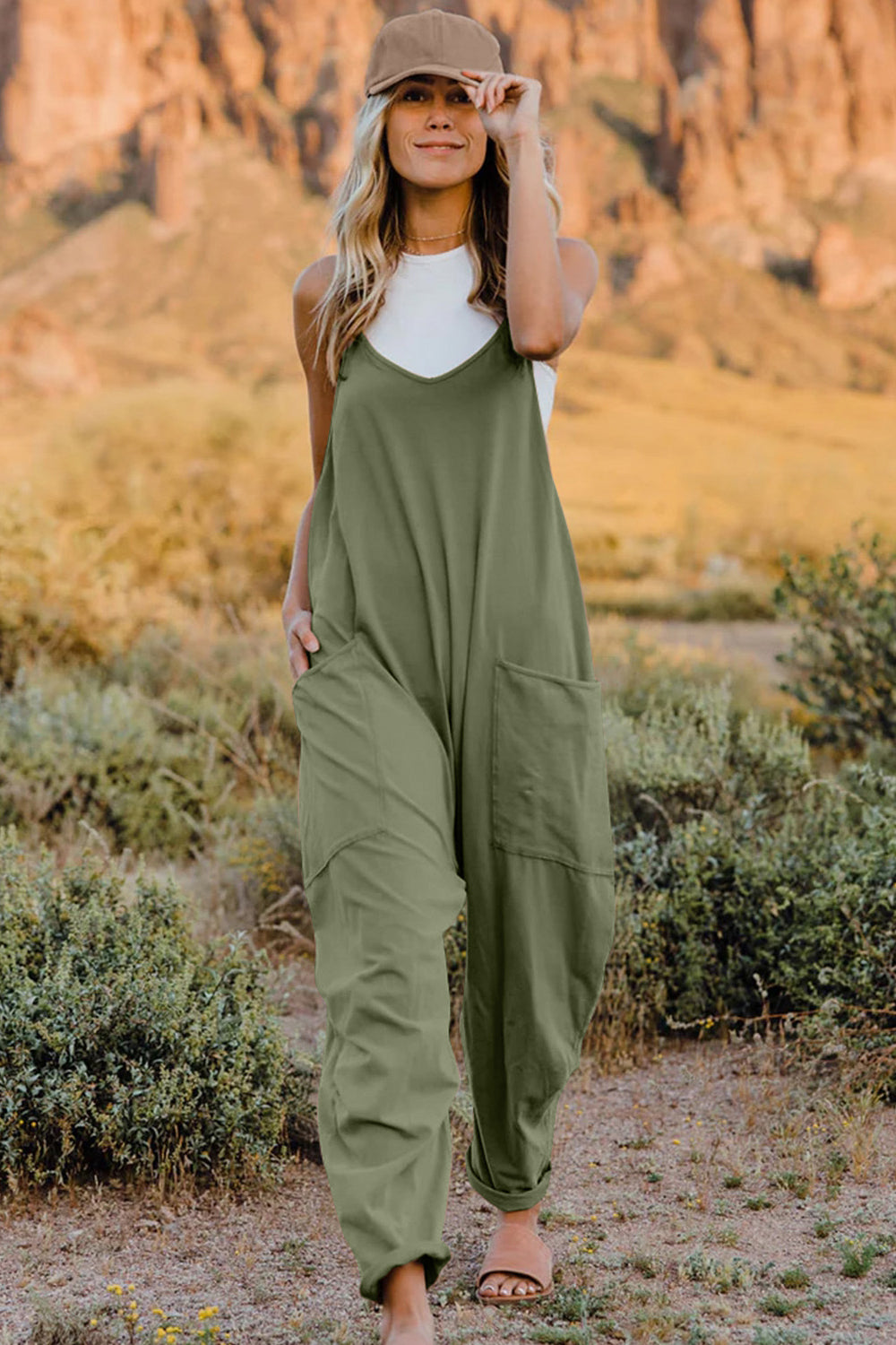 Twiggy Full Size V-Neck Sleeveless Jumpsuit with Pockets