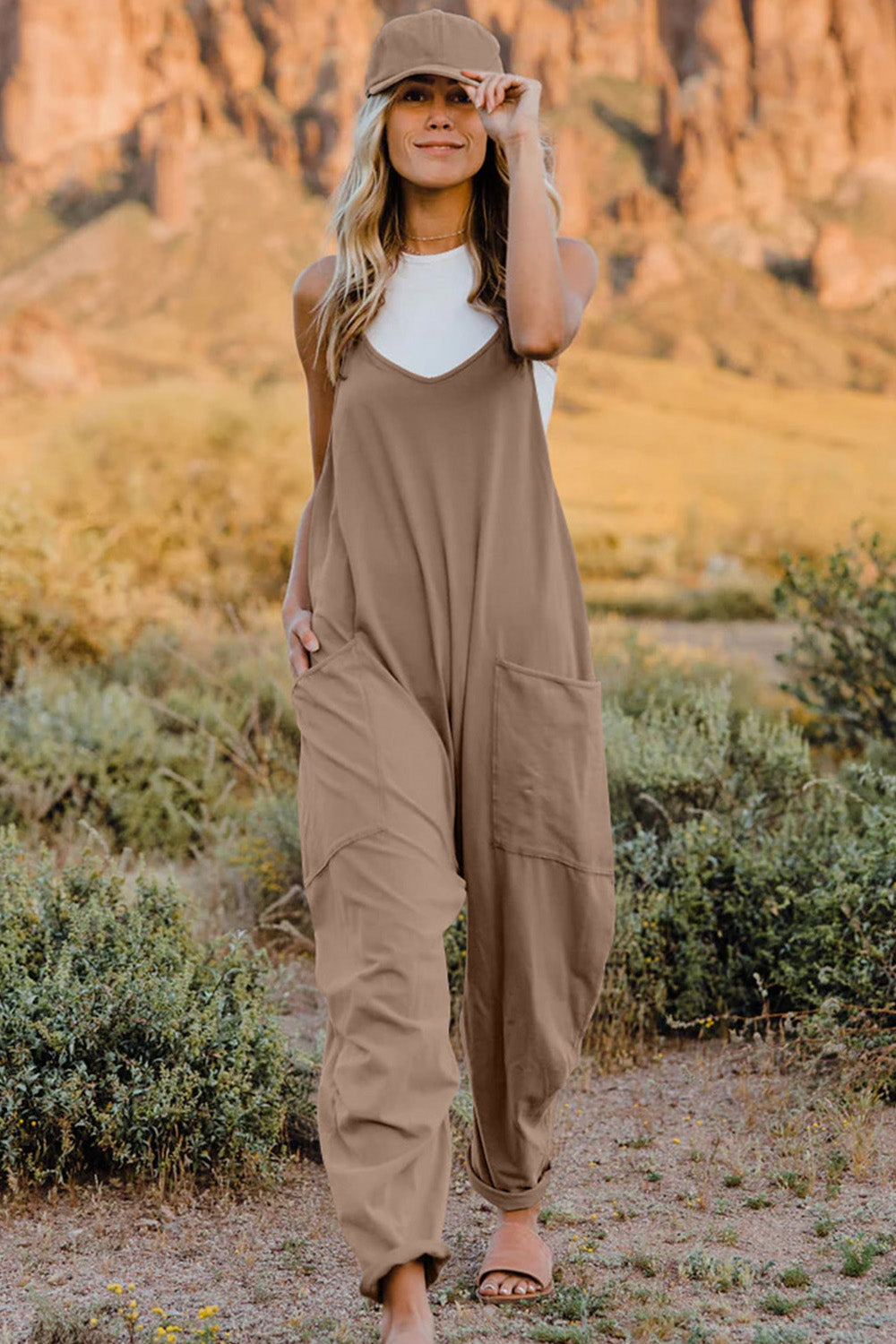 Twiggy Full Size V-Neck Sleeveless Jumpsuit with Pockets