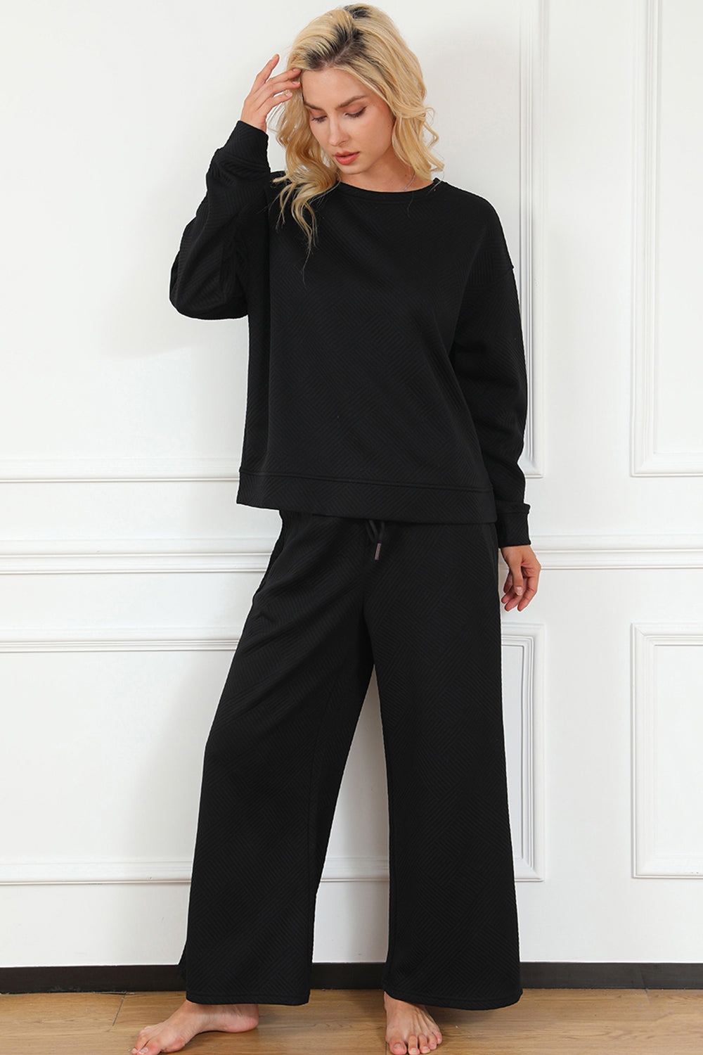 Fernley Textured Long Sleeve Top and Drawstring Pants Set