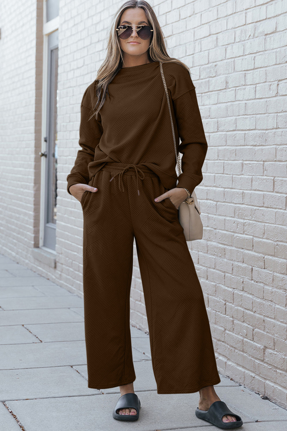 Fernley Textured Long Sleeve Top and Drawstring Pants Set