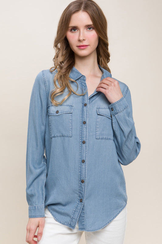 Lenny Scooped Hem Button Up Denim Shirt