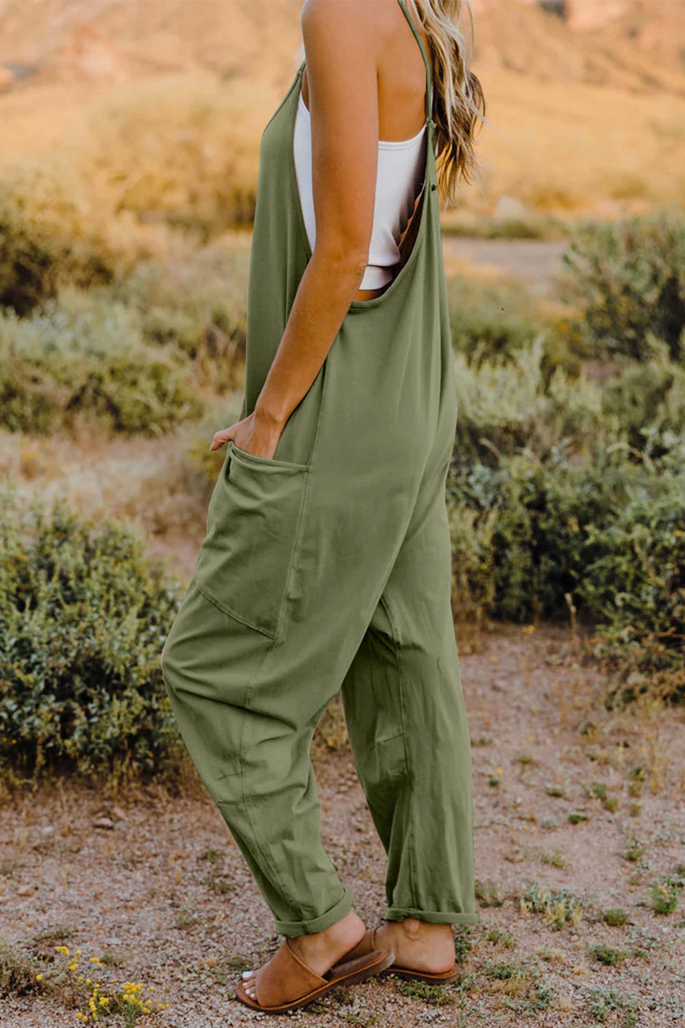 Twiggy Full Size V-Neck Sleeveless Jumpsuit with Pockets