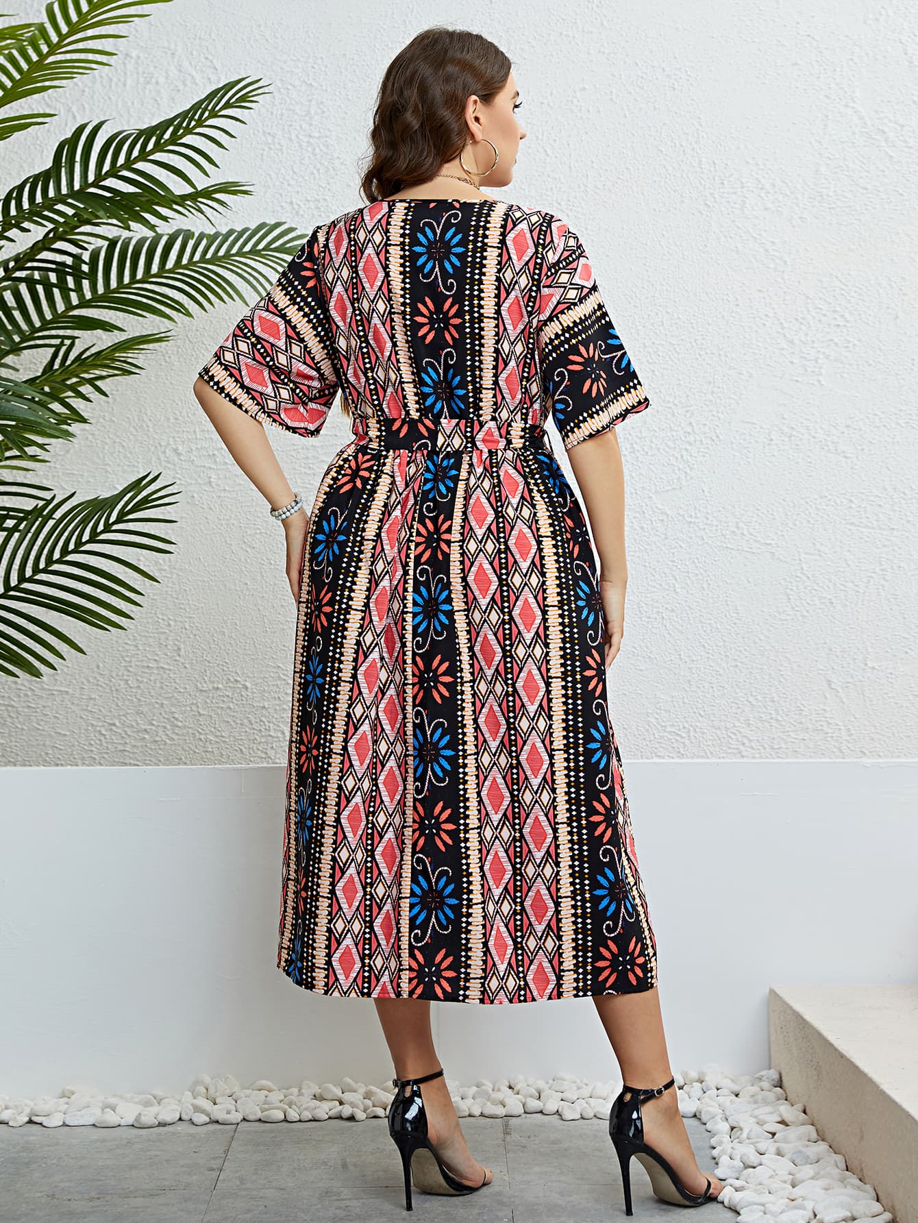 Wiley Size Bohemian V-Neck Tie Belt Midi Dress