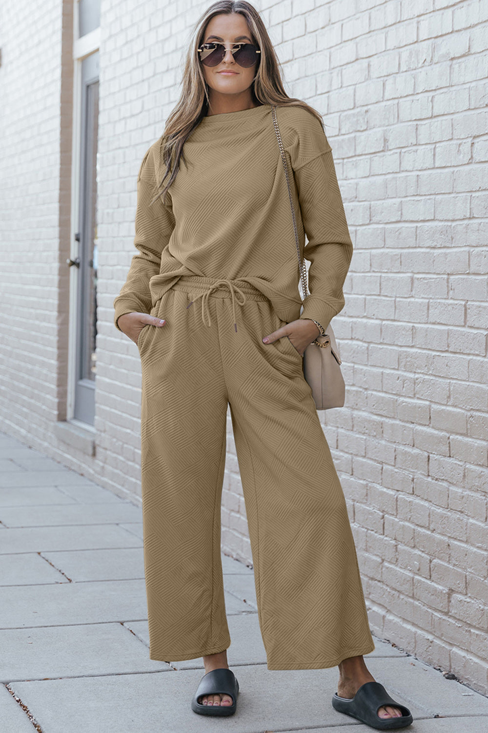 Fernley Textured Long Sleeve Top and Drawstring Pants Set