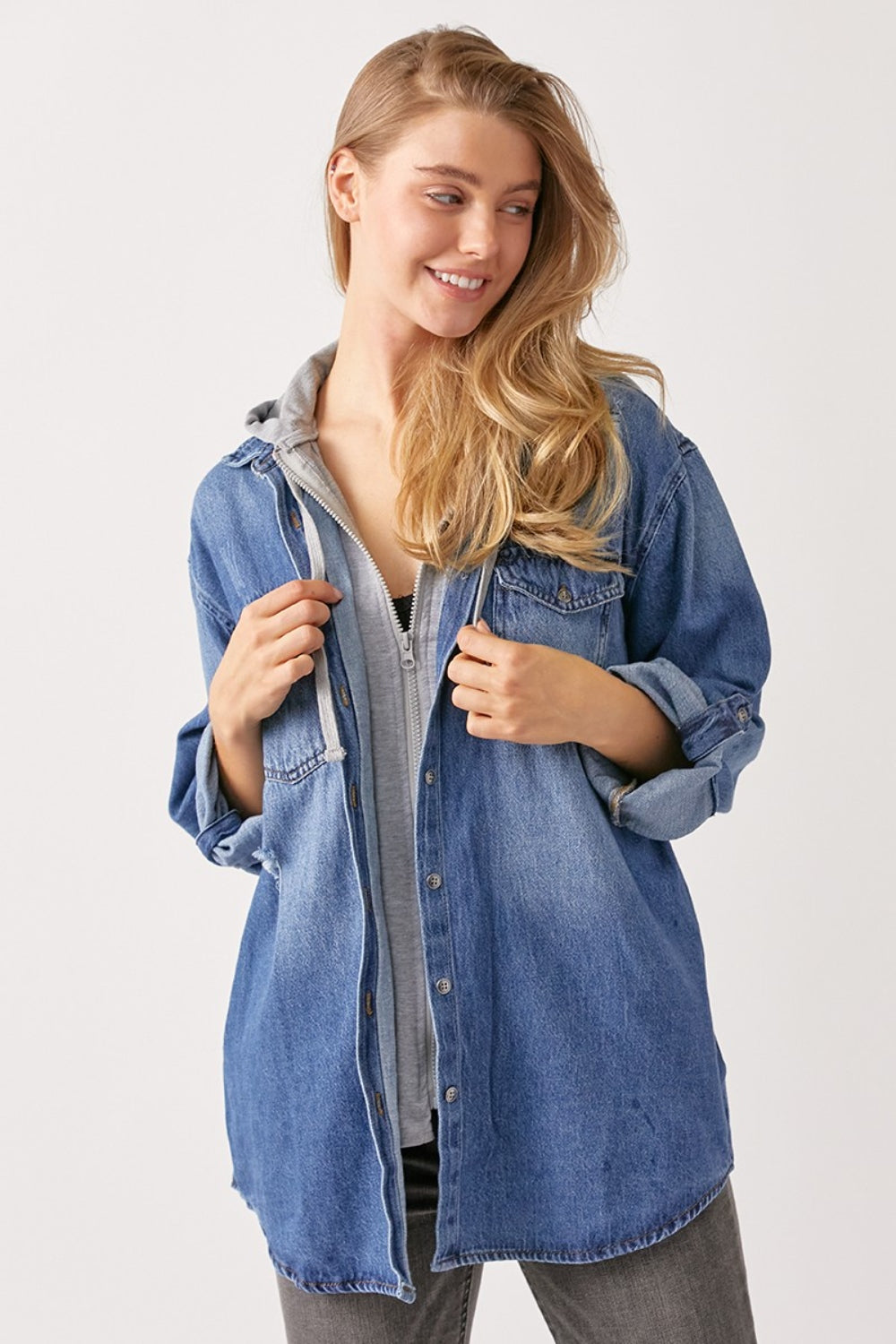 Chaol Zip Up Hooded Denim Shirt