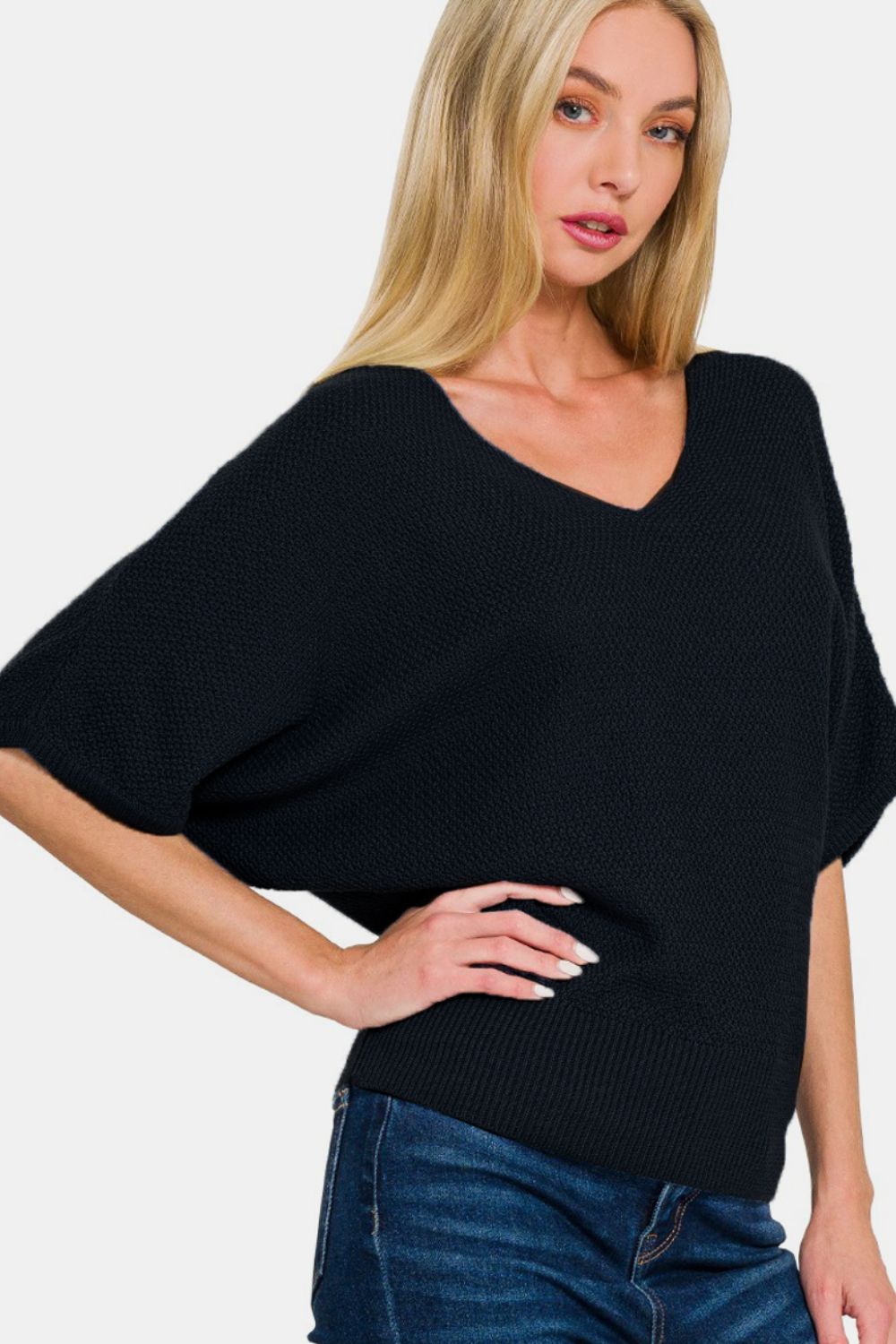 Anna V-Neck Short Sleeve Dolman Sweater