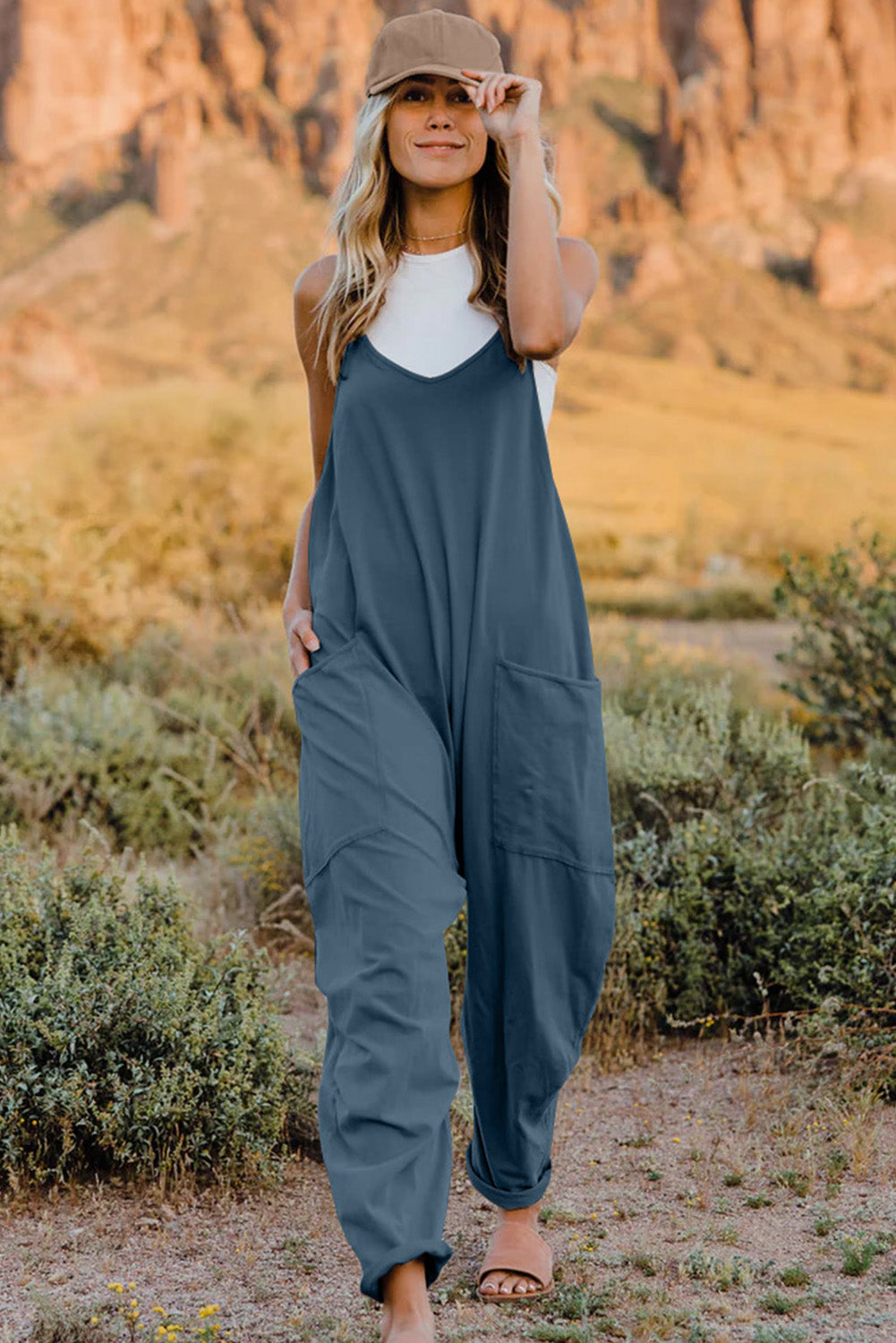 Twiggy Full Size V-Neck Sleeveless Jumpsuit with Pockets