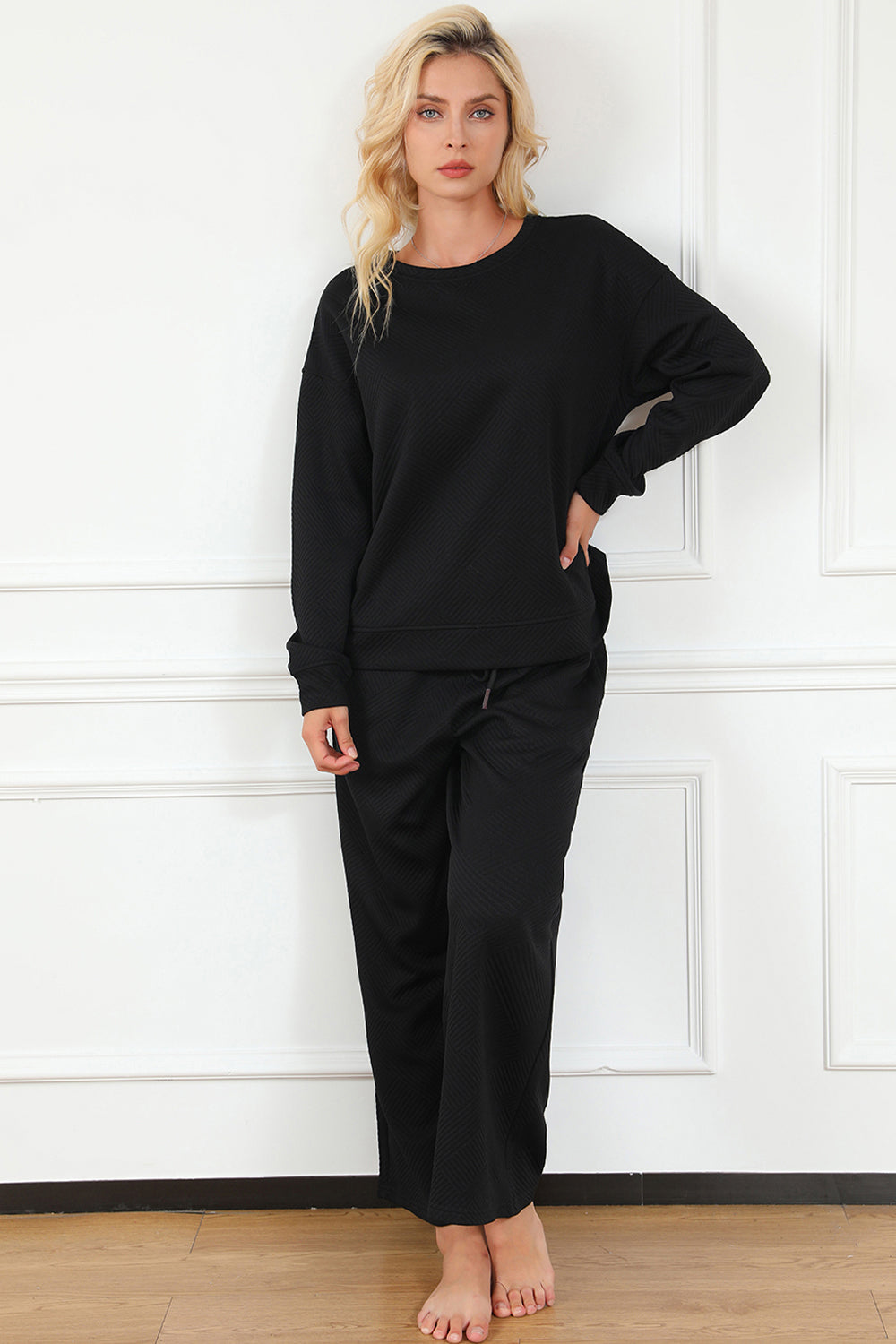 Fernley Textured Long Sleeve Top and Drawstring Pants Set