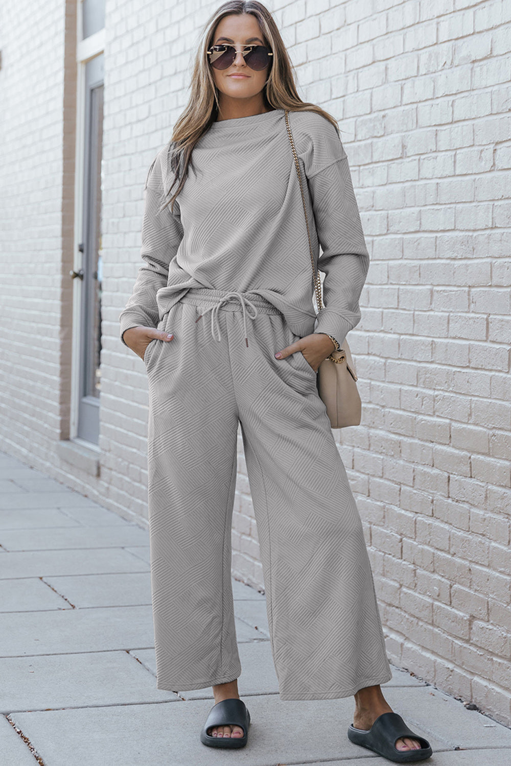 Fernley Textured Long Sleeve Top and Drawstring Pants Set