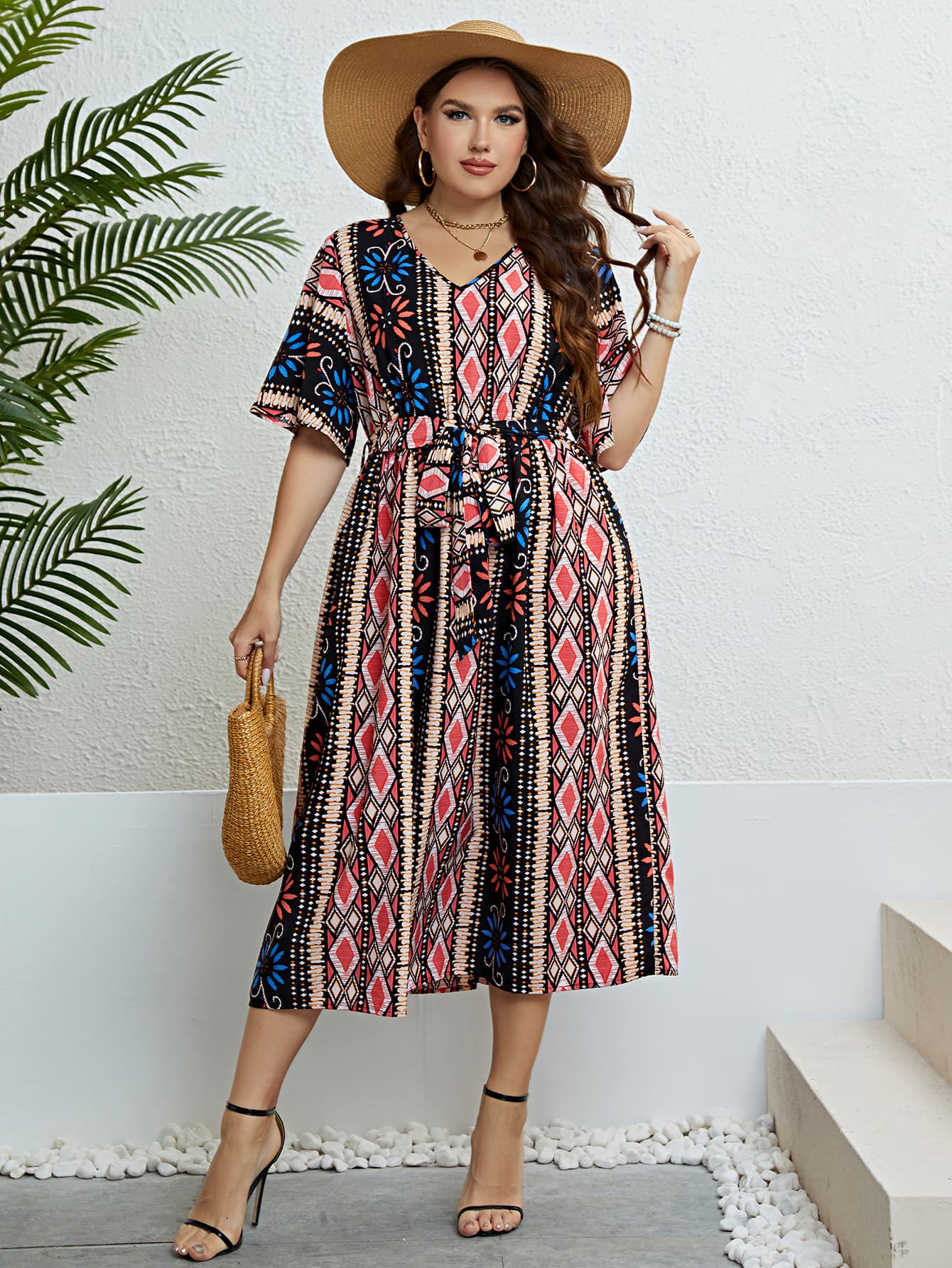 Wiley Size Bohemian V-Neck Tie Belt Midi Dress