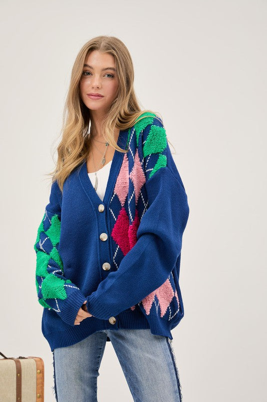 Mary Argyle Button Front Knit Cardigan